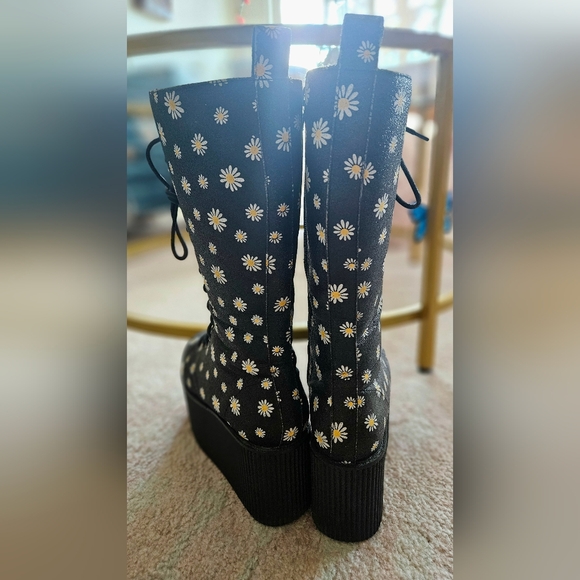 YRU KAOS HI Black Daisy Glitter Thigh-High Platform Zip-Up Boots Punk Goth - Picture 5 of 13